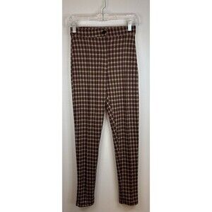 FREE PEOPLE Brown Motif Checkered Pants Women 2 Straight Slim Leg High Rise Soft